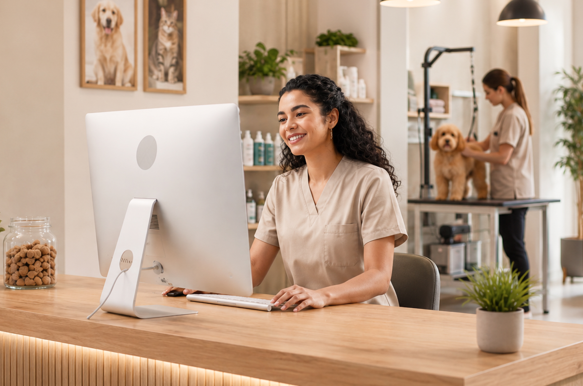 Pet business staff using Happy Pet Tech Software and being happy